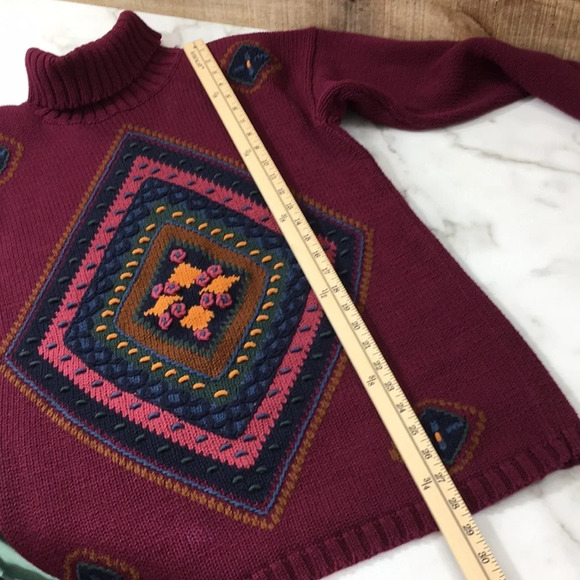 Pasta Vintage Maroon Chunky Knit Turtleneck Sweater Womens Medium Diamond Floral - Picture 8 of 12